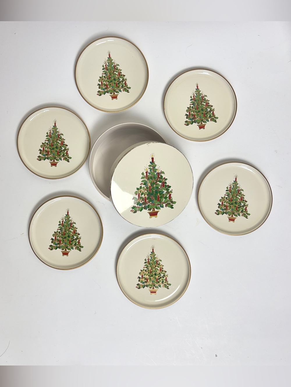 Vintage 1970’s Otagiri Christmas Tree Coasters Laquerware Set of 6